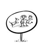 Die Abbildung zeigt eine Karikatur von einem Schild wo ein Hund und zwei Kinder abgebildet sind